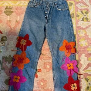 Vintage button fly Cache Levi's Jeans 30 rise 11.5" LEATHER FLOWERS OPEN LEGS